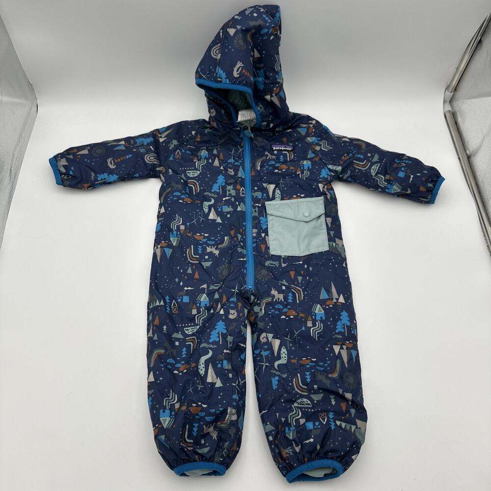 Patagonia Baby Reversible Puff-Ball Bunting Snowsuit 3-6M Blue Nature Animals